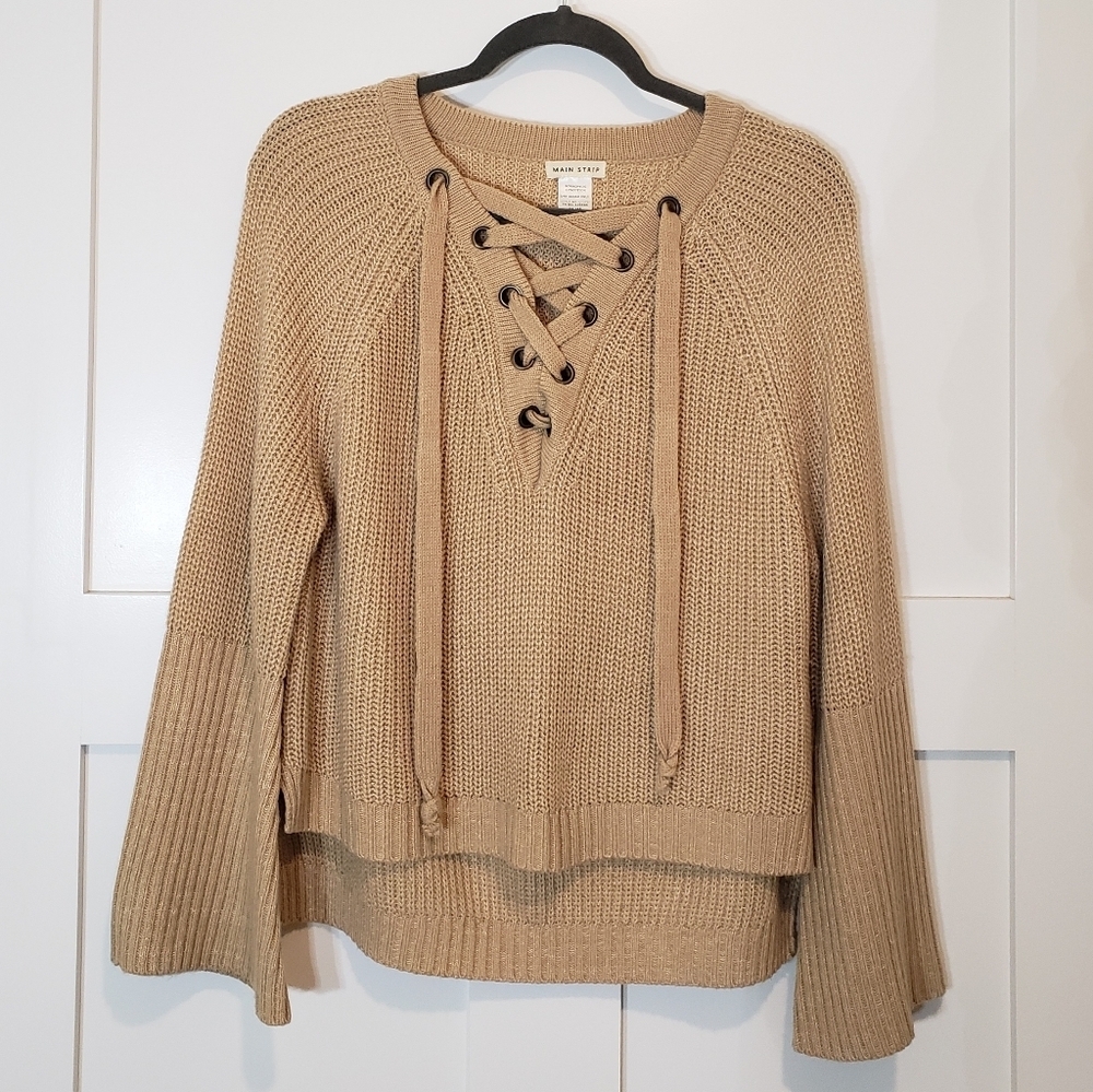 Main Strip Lace Up Front Knitted Tan Sweater Size Medium